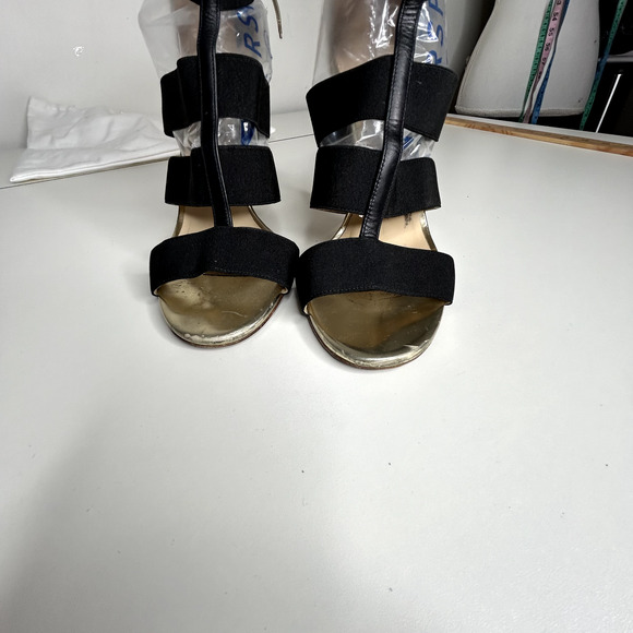 Jimmy Choo Gold Leather and Black Strap Stiletto Heel Peep Toe Sandals 39.5 - Picture 3 of 16